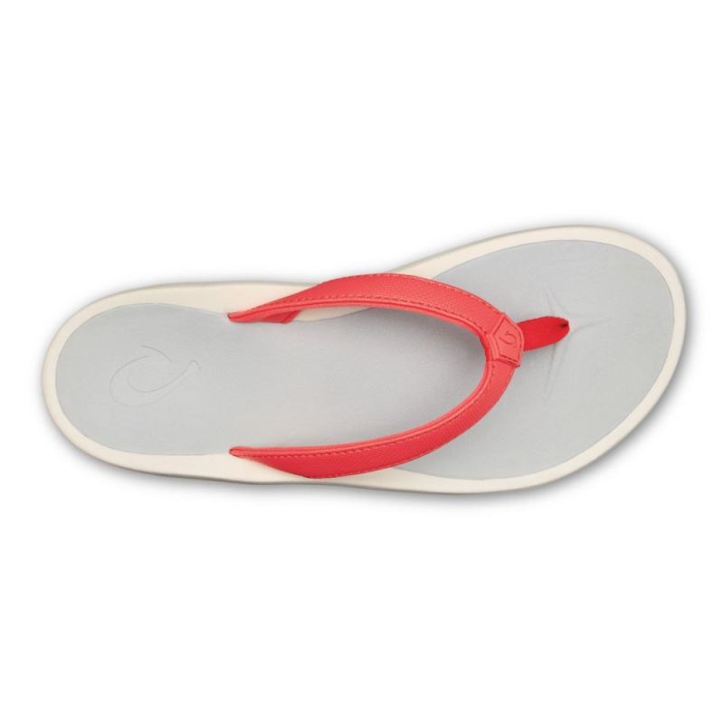 Olukai | Pi'oe Women's Beach Sandals - Hot Coral / Mist Grey - Click Image to Close
