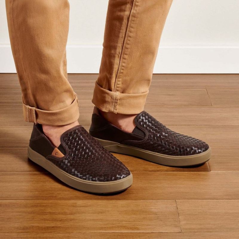 Olukai | Lae'ahi Lauhala Men's Leather Slip-On Sneakers - Dark W - Click Image to Close