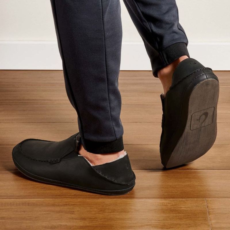 Olukai | Moloa Men's Leather Slippers - Onyx - Click Image to Close
