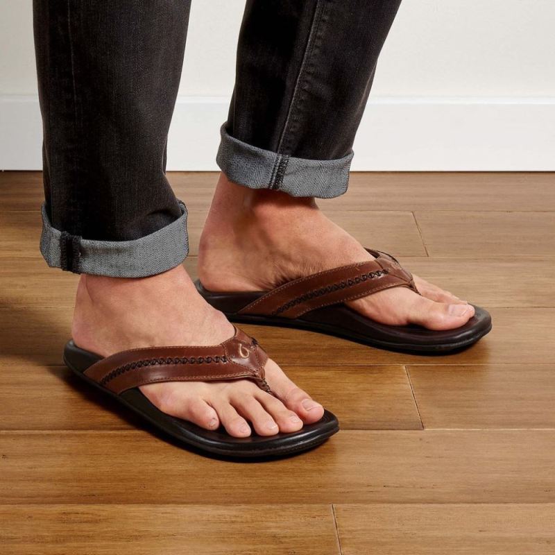Olukai | Mea Ola Men's Leather Sandals - Tan / Dark Java