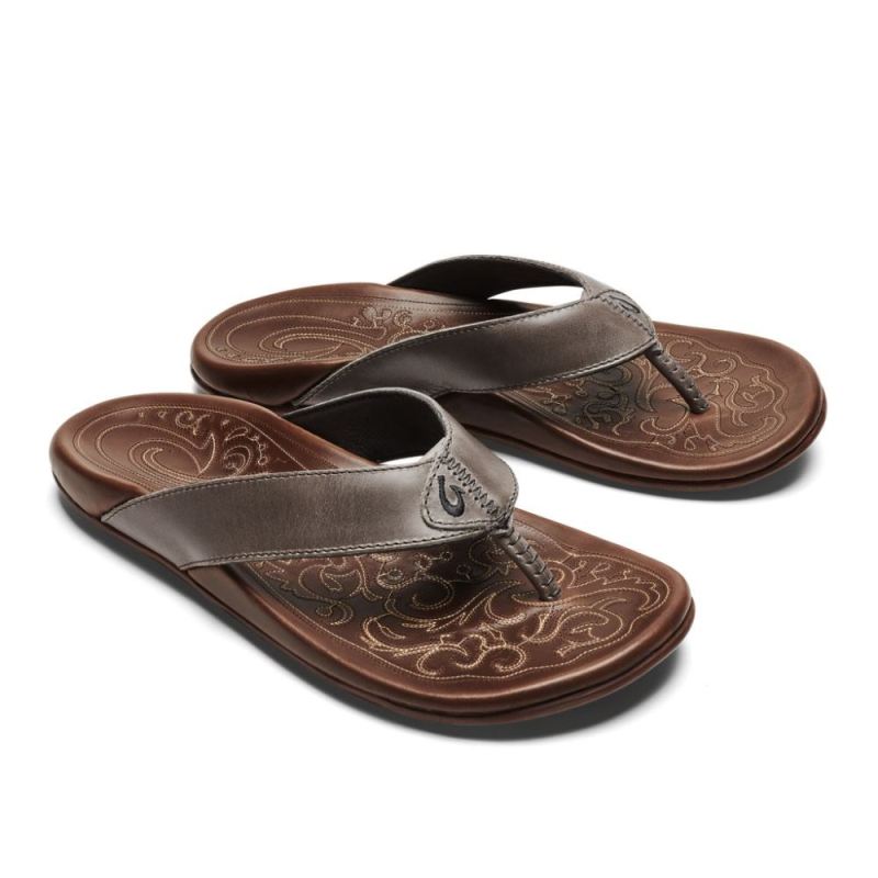 Olukai | Mekila Men's Leather Beach Sandals - Charcoal / Toffee - Click Image to Close