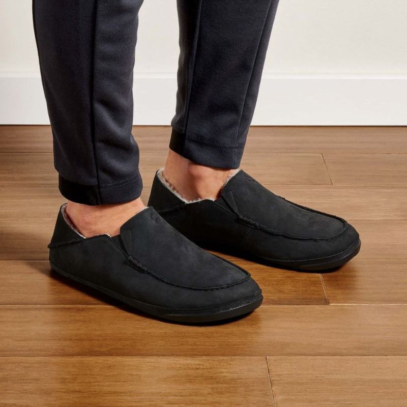 Olukai | Kipuka Hulu Men's Leather Slippers - Black - Click Image to Close